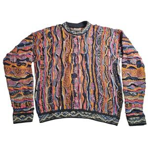1970s Coogi Vintage Sweater 3D Textured Knit Crew Multicolor Linen Cotton Mens L